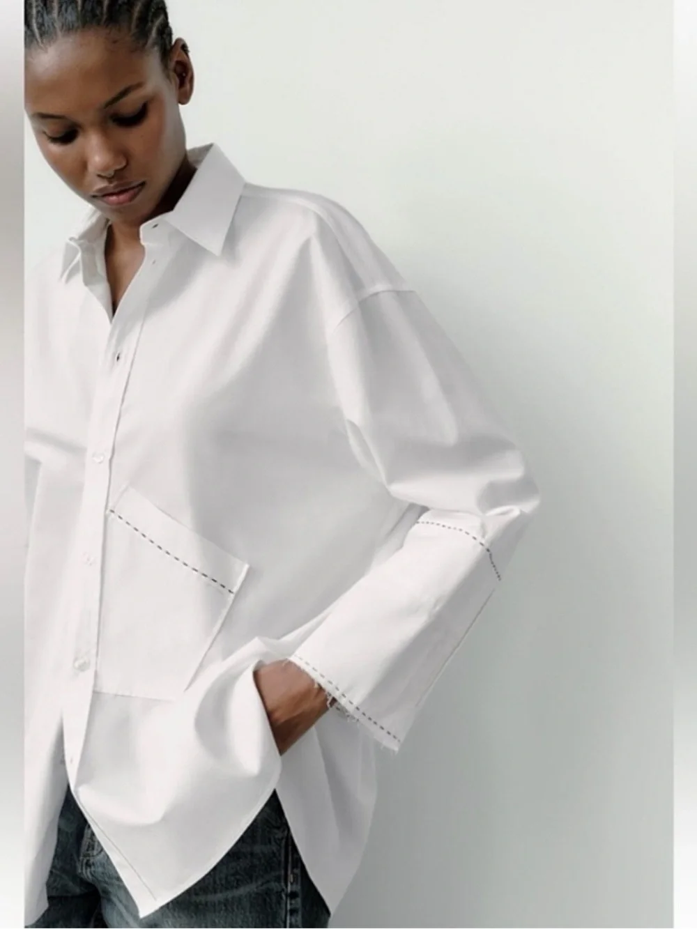 Zara White Oversized Button-Down Shirt with Contrast Topstitch
